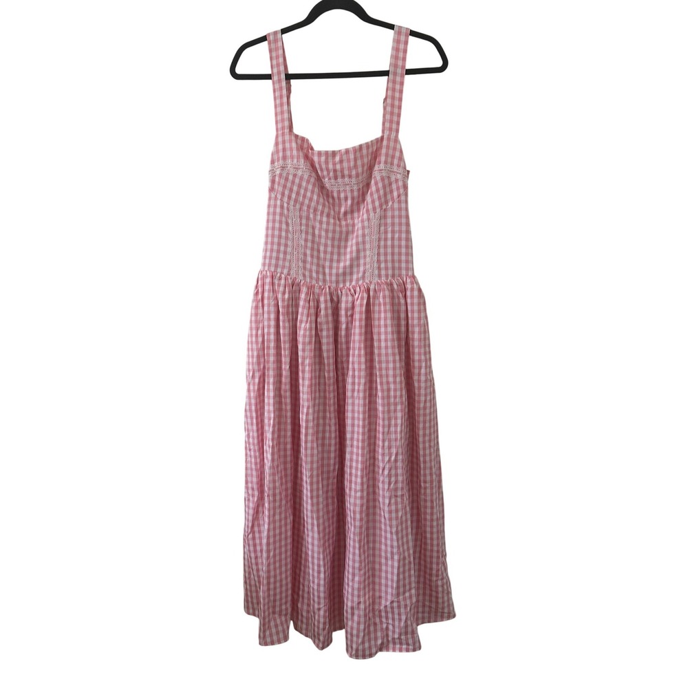 Pink Gingham Lace Trim Smocked Midi Dress Cottagecore Womens Large